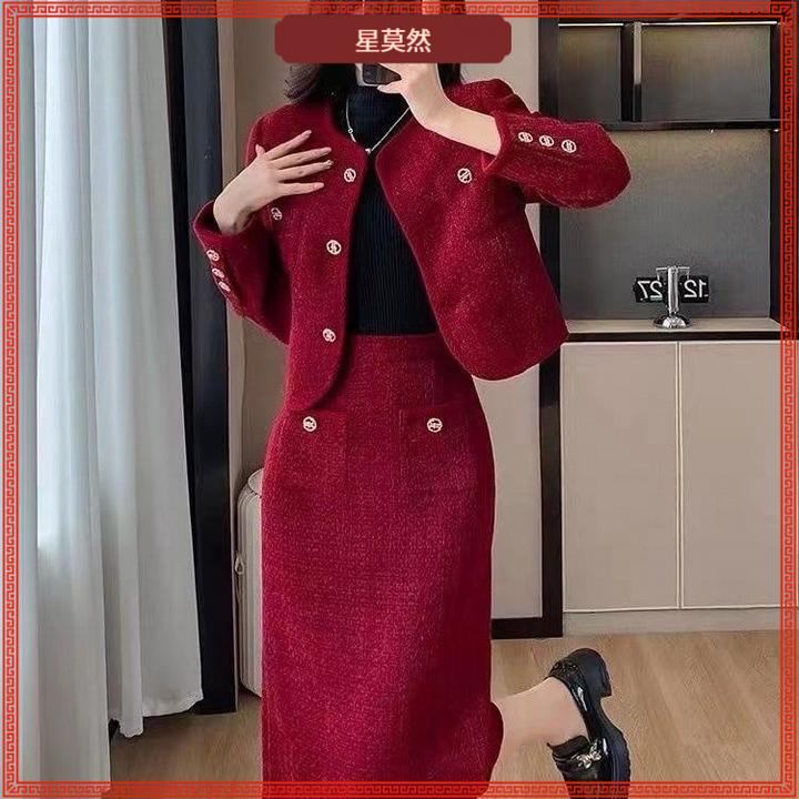 II红色小香风套装女秋冬今年流行气质名媛设计感短外套半身裙III