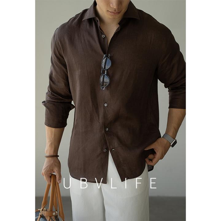 意式100%亚麻慵懒老钱风休闲长袖衬衫男士2025秋季轻盈松弛感衬衣