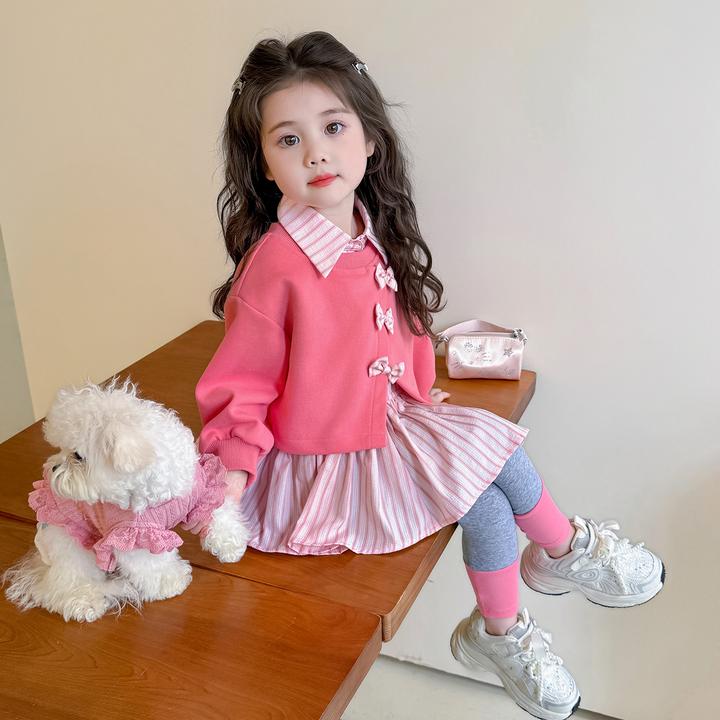 9岁女童春秋装洋气套装韩版蝴蝶结中长款女宝宝可爱超萌儿童衣服