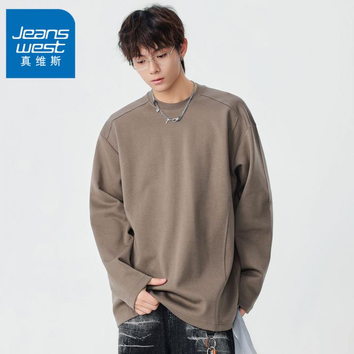 真维斯秋季长袖T恤男纯色拼接设计感圆领体恤衫百搭休闲潮流重磅