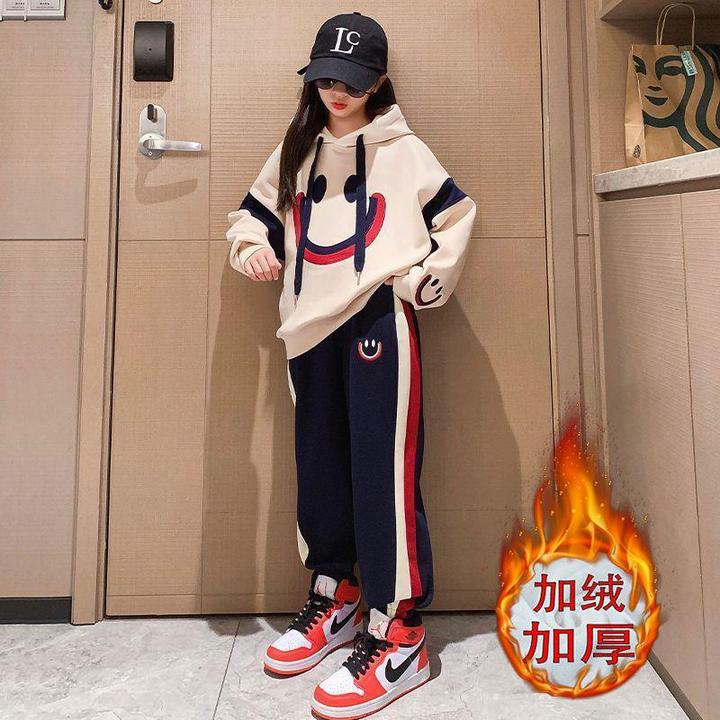 女童运动套装秋冬款2024新款洋气时髦大童保暖连帽卫衣儿童装冬季