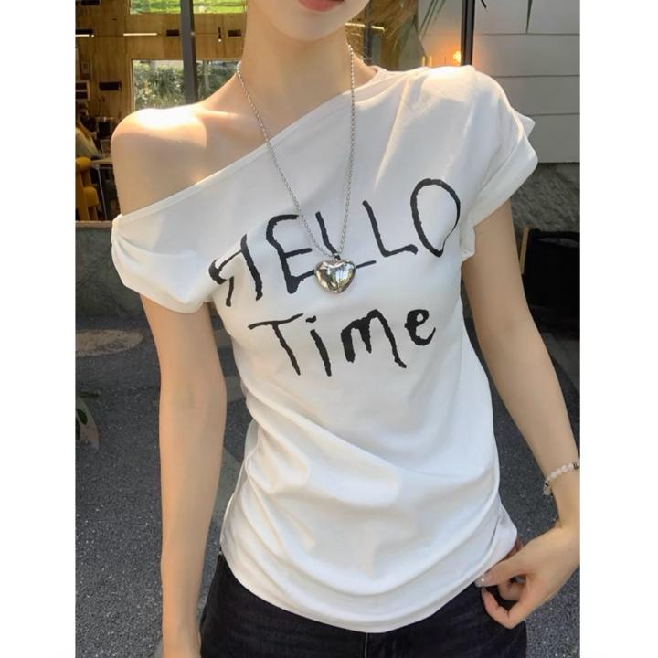 显瘦辣妹斜肩短袖t恤女夏季 韩系宽松字母印花百搭上衣