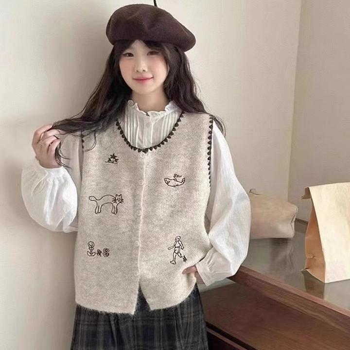 韩系卡通刺绣无袖针织马甲背心女秋冬时尚减龄显瘦叠穿马夹上衣潮