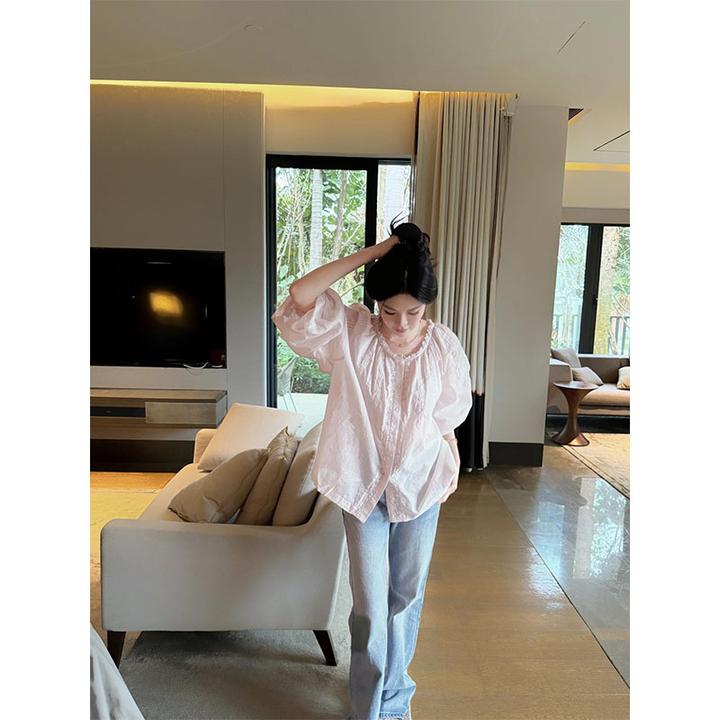 韩系甜美设计感套装休闲百搭花边五分袖上衣高腰显瘦直筒牛仔裤女