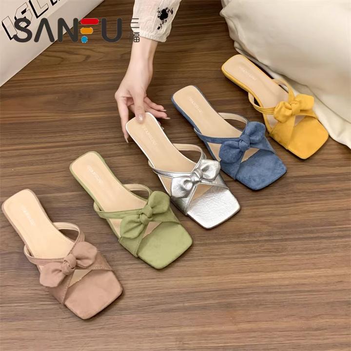 三福法式方头凉拖鞋女夏外穿2025新款仙女晚晚风配裙子蝴蝶结凉鞋