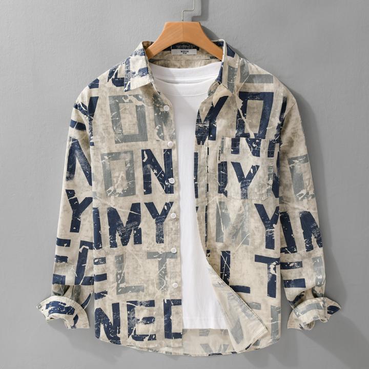 MR.MUDI/穆迪先生2025春装新款男士衬衫设计感印花纯棉衬衣复古