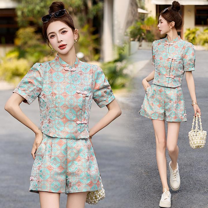 新中式国风提花套装女2025夏季新款百搭显瘦小个子泡泡袖两件套