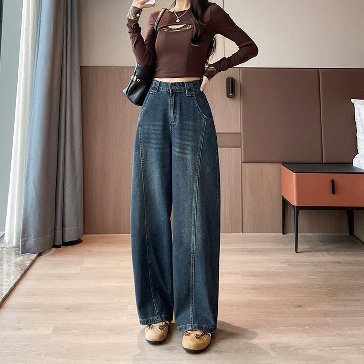 弯刀宽松阔腿牛仔裤女小个子长裤春秋季新款高腰显瘦复古垂感裤子