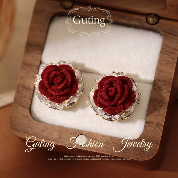 铜合金合成锆石耳饰 22715红色丝绒玫瑰花耳钉女高级感耳饰耳环