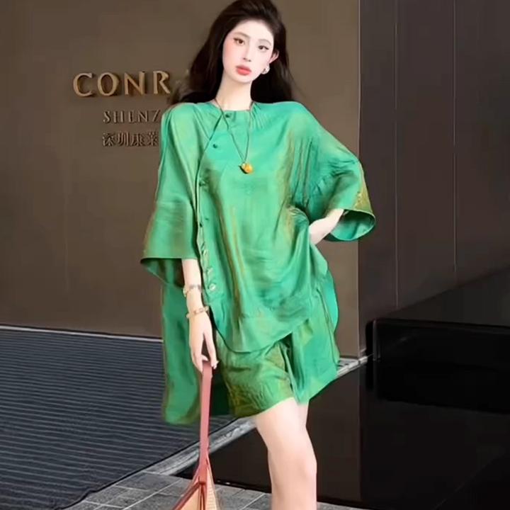 巨好看的夏装一整套干练气质高级感新中式老钱风绿色盘扣套装裤女