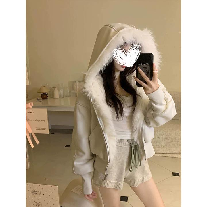 Moses Queen/魔西女王白色毛领加绒短款开衫连帽加厚宽松卫衣外套