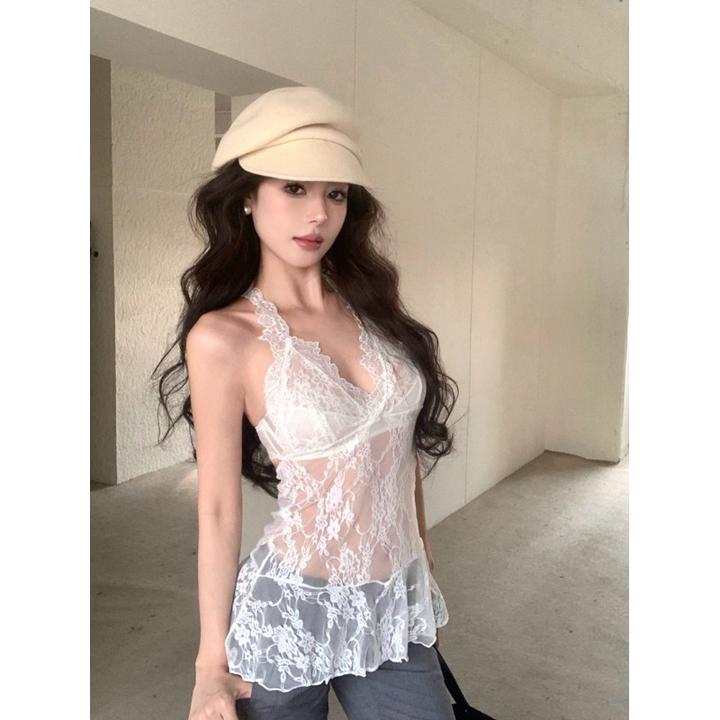 蕾丝拼接挂脖吊带背心女秋季修身网纱内搭设计感辣妹薄款打底上衣