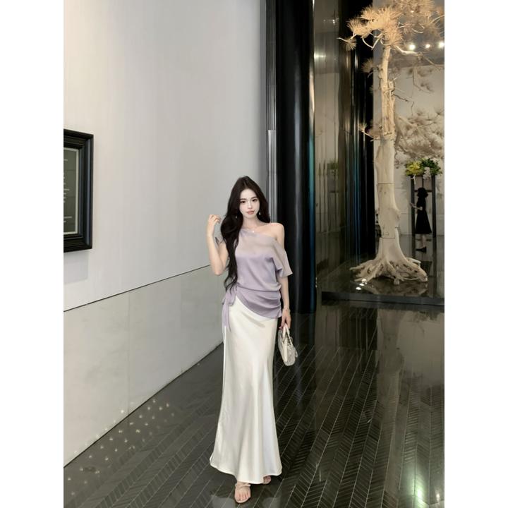法式别致斜领缎面短袖设计感小众飘带露肩上衣气质半身长裙套装女