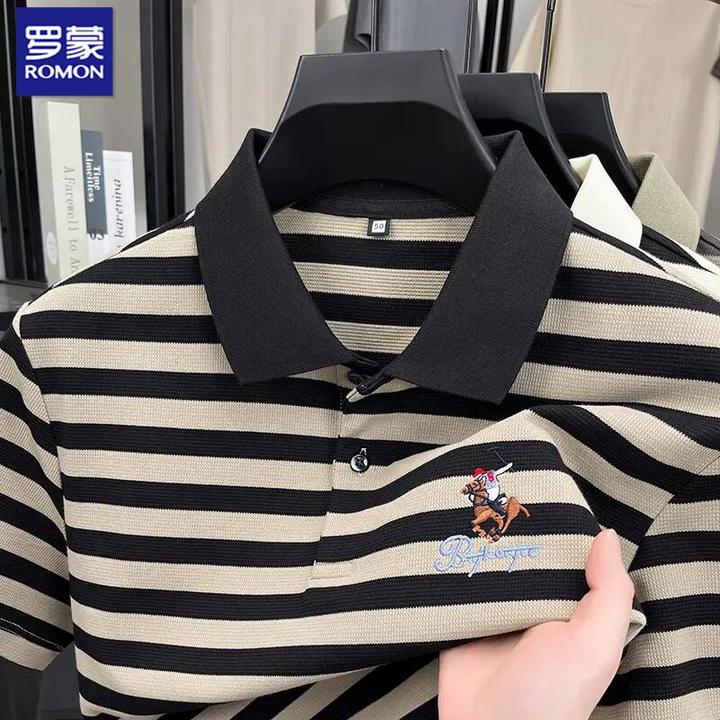 罗蒙夏季新款短袖商务条纹男士T恤上衣中青年翻领宽罗蒙长袖polo