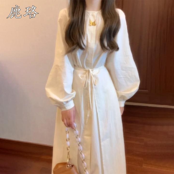 法式气质收腰连衣裙子女夏日季2025新款高级感长袖灯笼袖衬衫长裙