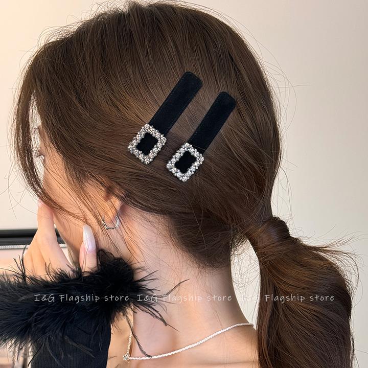 I&G韩系气质典雅黑色丝绒发夹植绒女bb夹水钻侧边刘海夹头发饰品