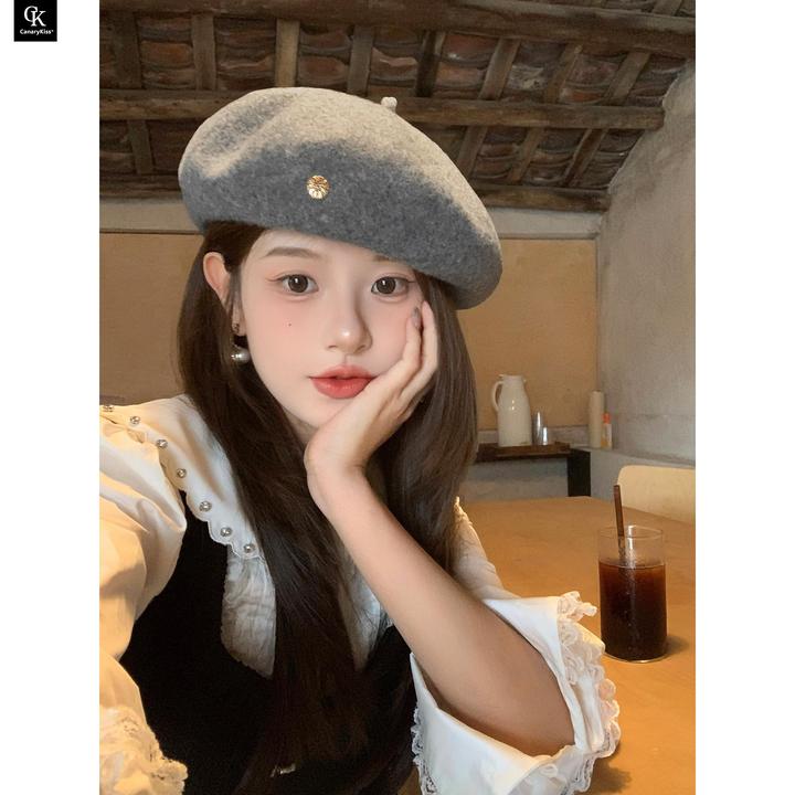 CanaryKiss日系灰色羊毛呢贝雷帽女秋冬季文艺百搭八角帽画家帽子