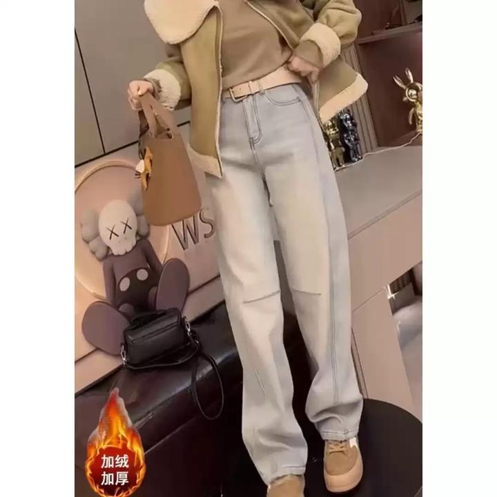 洋气百搭窄版加绒保暖直筒牛仔裤女大码新款梨型身材高腰宽松显瘦