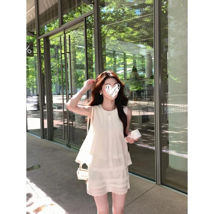 白野清桃 韩系塔克线无袖上衣套装/半裙