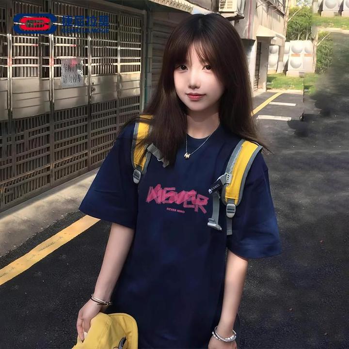 男女同款大码短袖女t恤独特度假纯棉上衣2025新款夏季绀色体恤衫