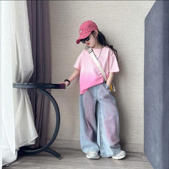 女童2025夏季新款渐变色薄款中大童牛仔裤烫钻阔腿裤吊染渐变T恤