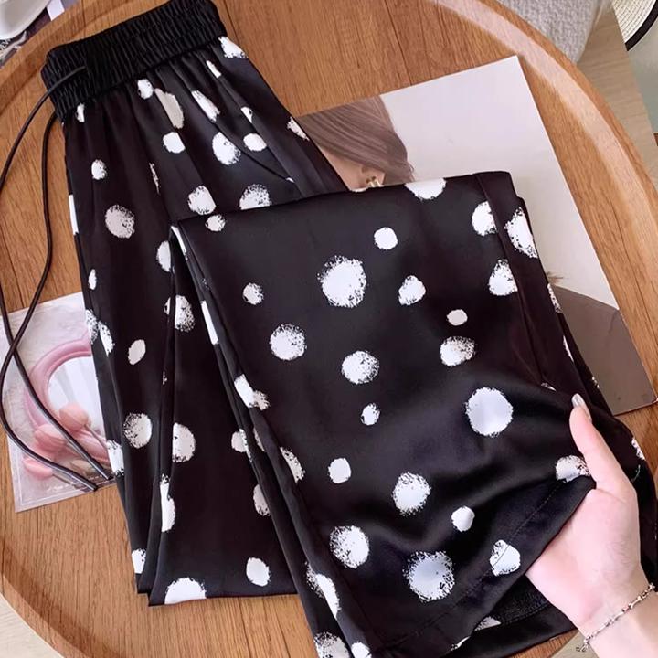 拉夏贝尔波点冰丝阔腿裤女2025新款夏季薄款高腰宽松直筒休闲裤子