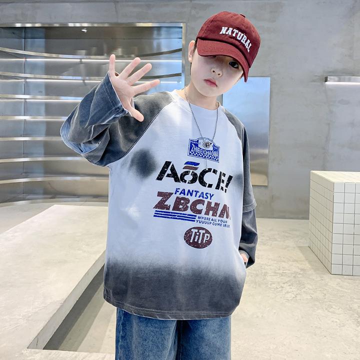 男大童卫衣12到15岁潮牌2025新款潮儿童假两件打底衫男孩休闲内搭