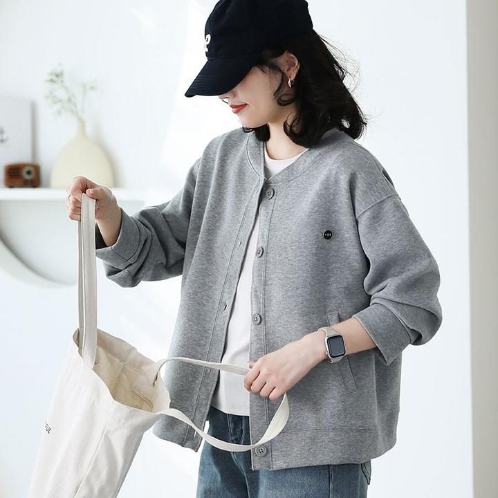灰色卫衣外套女开衫棒球服圆领百搭新款韩版长袖休闲宽松oversize