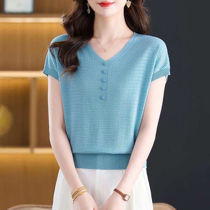 2025夏季新款V领莱赛尔天丝蝙蝠袖宽松百搭时尚洋气女T恤薄款上衣