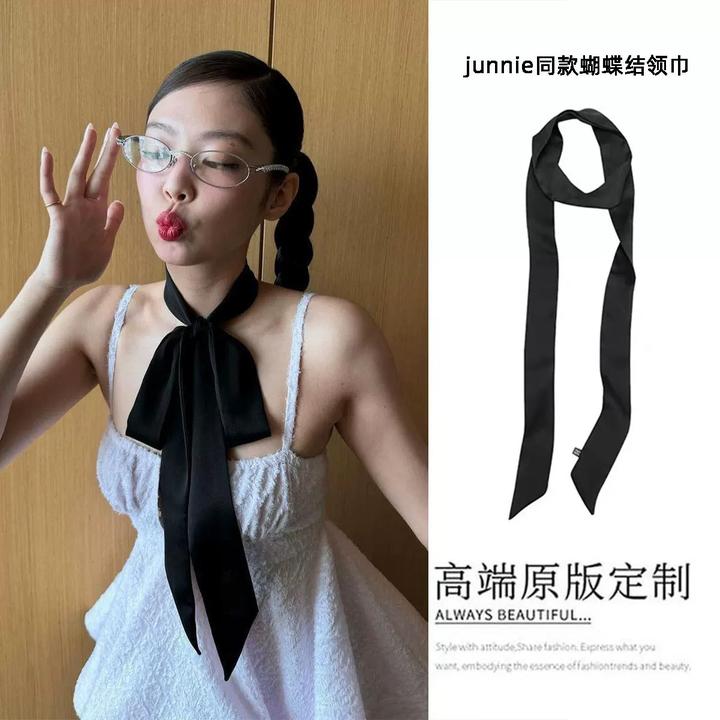 jennie同款黑色蝴蝶结领带长条丝巾女小领巾发带飘带绑带脖子装饰