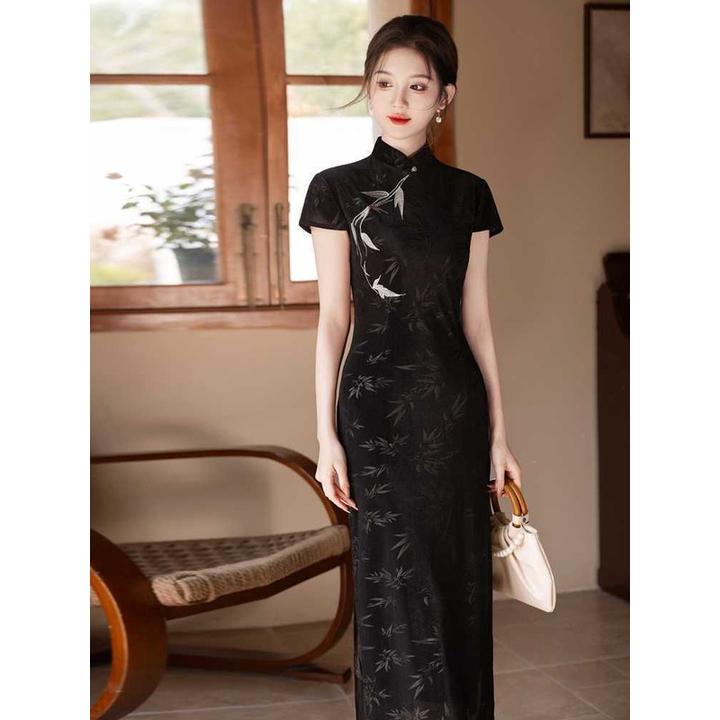 画报夫人《银叶》复古民国风长款黑色旗袍新款高级感气质修身连衣