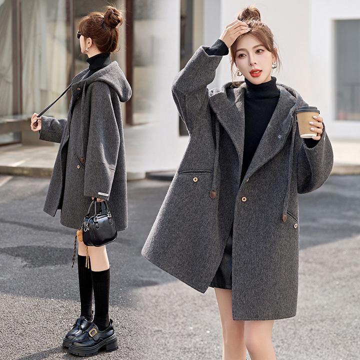休闲时尚连帽双面羊毛大衣2024秋冬新款韩系小个子中长款毛呢外套