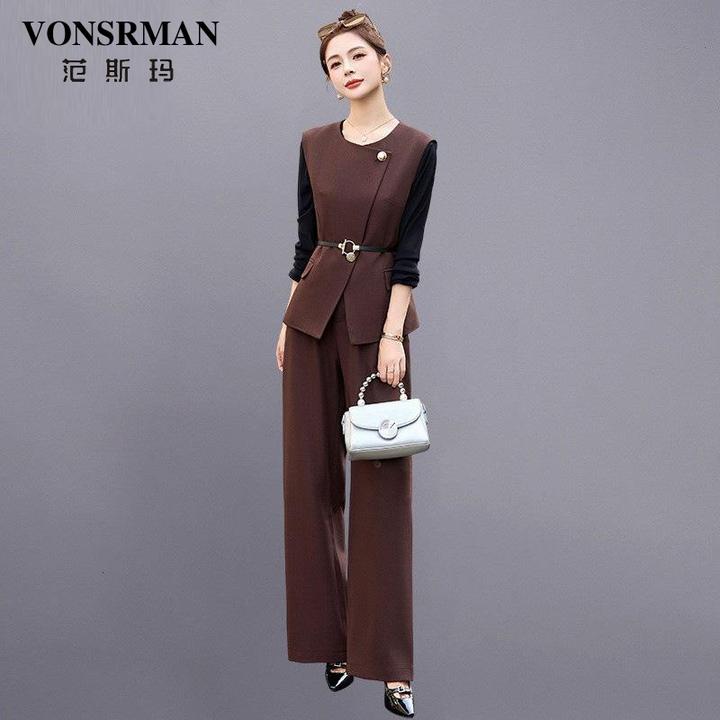 马甲阔腿裤t恤三件套女2025春秋新款显瘦气质时尚洋气减龄套装