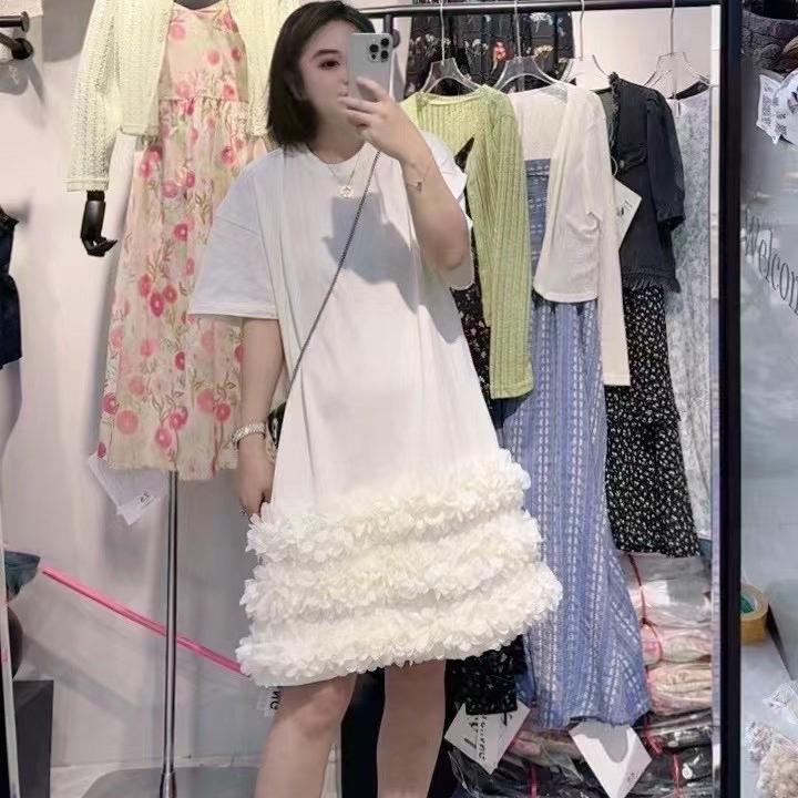 小众设计感2025高品质长T恤裙宽松大码网纱蛋糕蓬蓬连衣裙纯色