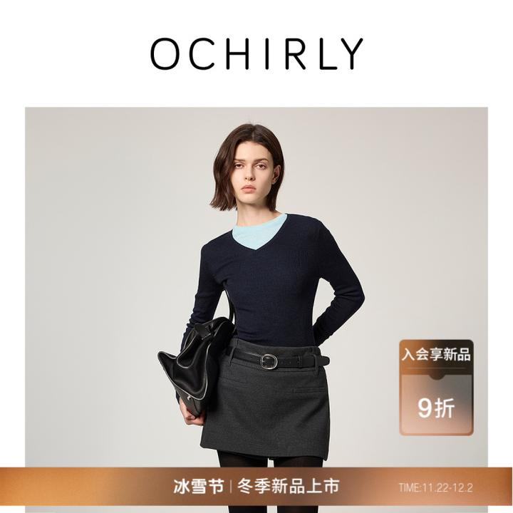 【新品】OCHIRLY欧时力 100%超细美丽诺羊毛V领毛衣针织打底25冬