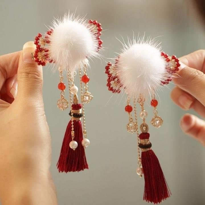 古风汉服发饰夹子头饰发夹拜年红色可爱毛球边夹森系仙美流苏穗子