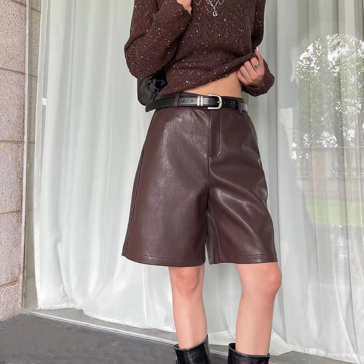 KIKI严选：2355-1-N家南油欧货五分裤酷飒皮裤洋气百搭休闲裤子