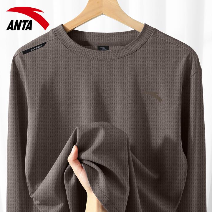 安踏卫衣男2025秋季新款圆领华夫格长袖t恤运动打底衫男952537405