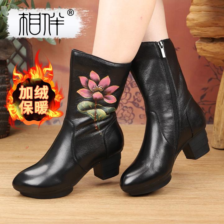 相伴复古真皮牛皮女士粗跟长靴民族风中老年加绒国风靴53335