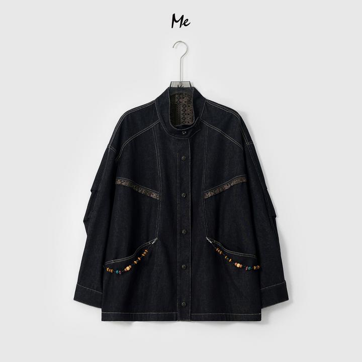 ME【尼泊尔牛仔外套】复古水洗牛仔民族风手工木珠时尚外套MESA0740