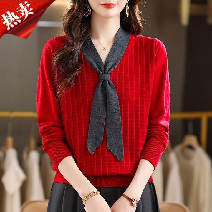 秋冬新款女羊毛针织打底衫高贵洋气宽松百搭老钱风气质小飘带减龄