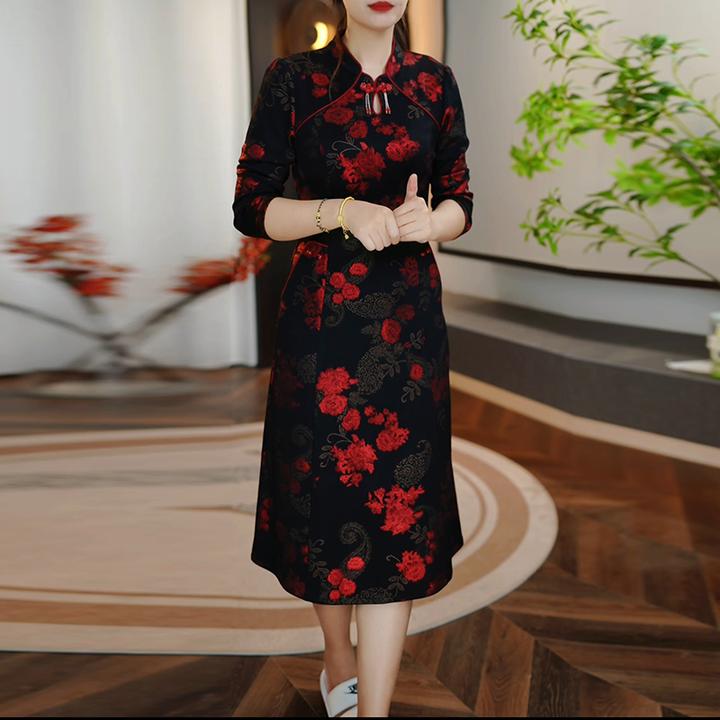 改良旗袍连衣裙女2025秋季新款中年妈妈装气质修身显瘦中长款裙子
