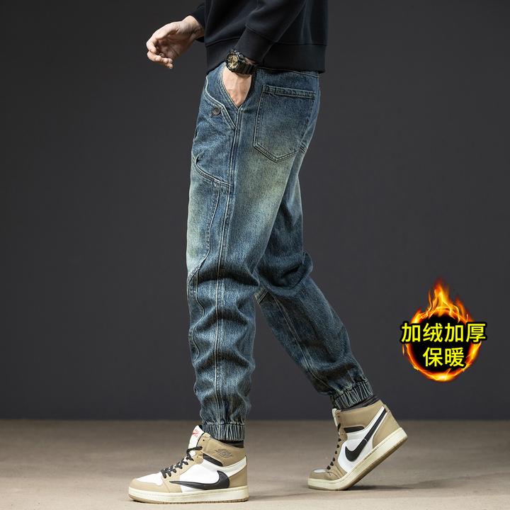 男士加绒耐磨牛仔裤秋冬季加厚保暖显高小脚裤宽松休闲束脚哈伦裤