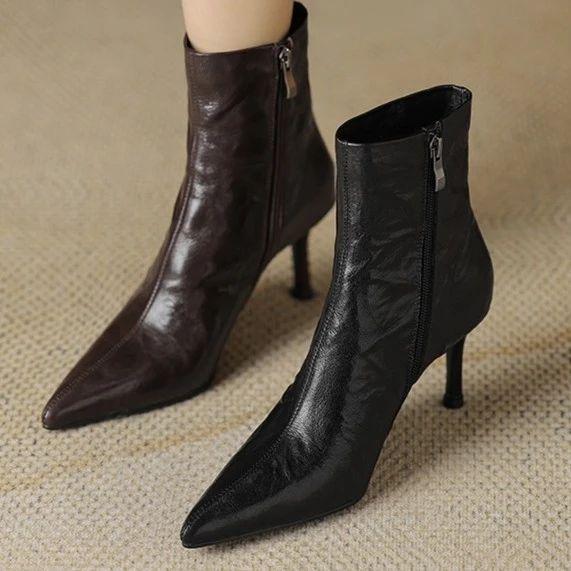 7.5CM黑色软底短筒靴秋冬百搭尖头细跟气质高跟瘦瘦靴女显瘦