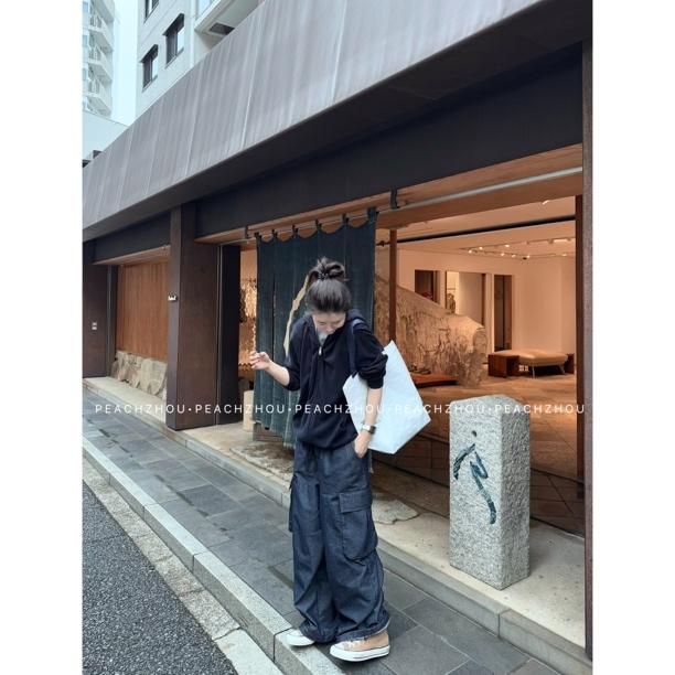 『PEACHZHOU』工装风琴口袋'不掉色'牛仔裤美式休闲松紧腰阔腿长裤
