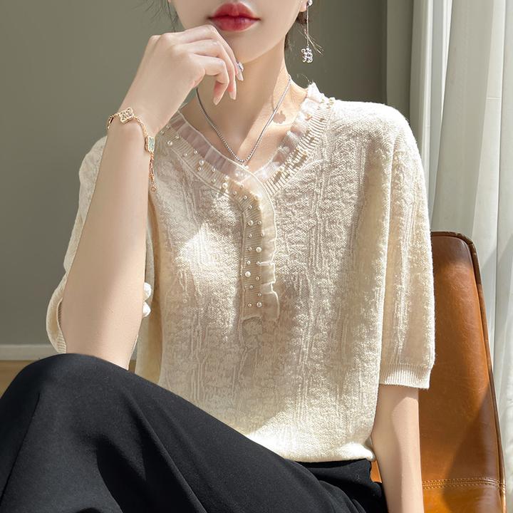 品牌钉珠木耳边V领拼接套头中袖针织衫女蕾丝镂空上衣