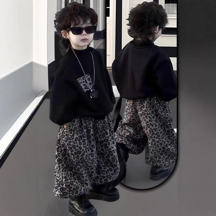 儿童套装秋季2025新款豹纹韩版洋气男女童圆领卫衣卫裤两件套潮童