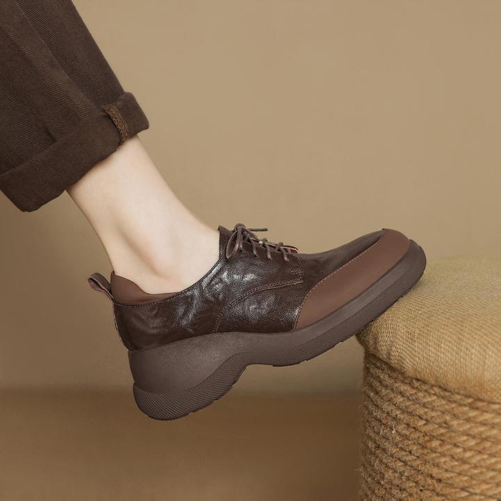 巨好穿小个子舒适坡跟系带小皮鞋女款春秋厚底高跟鞋真皮深口单鞋