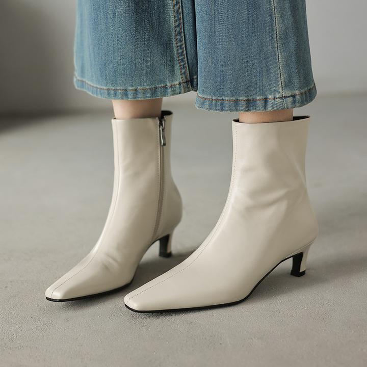 法式复古方头小跟短靴女秋冬2025新款裸靴真皮靴子马丁靴高跟女靴