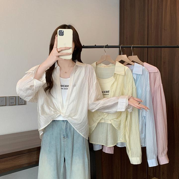 大码微胖休闲条纹衬衫女装春季胖MM宽松显瘦衬衣吊带背心上衣套装